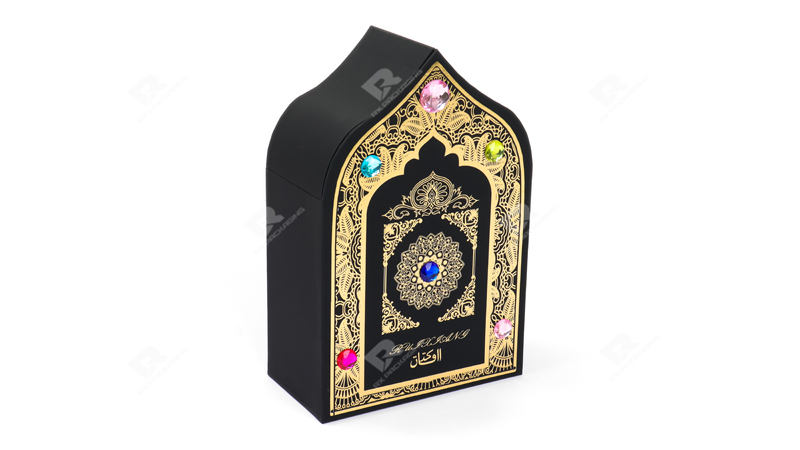 Elegant Arabian-Inspired Perfume Packaging Box with Gemstone Detailing