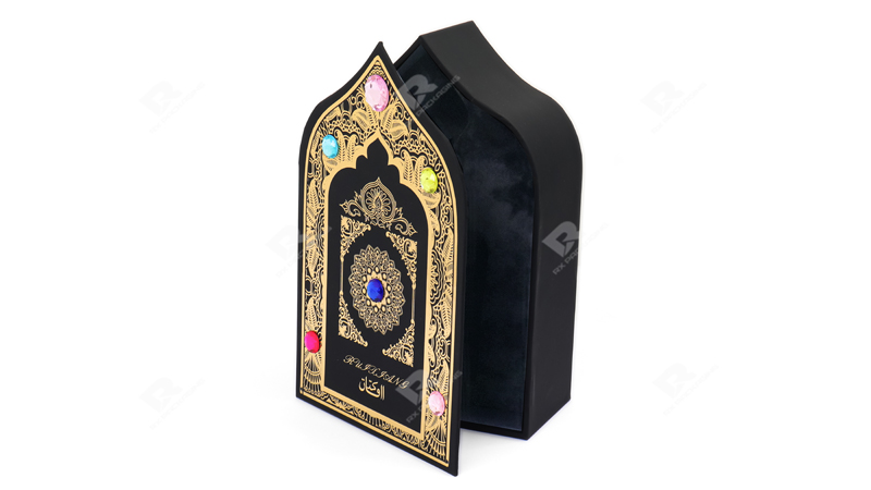 Elegant Arabian-Inspired Perfume Packaging Box with Gemstone Detailing