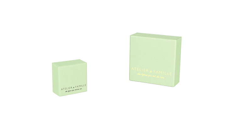 Green jewelry gift box series created by RX Packaging for ATELIER de FAMILLE